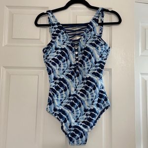 Tie dye one piece with low back and lace up neck